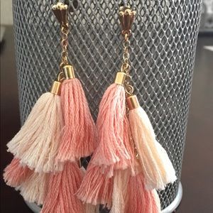 Pink and white tassel fringe earrings